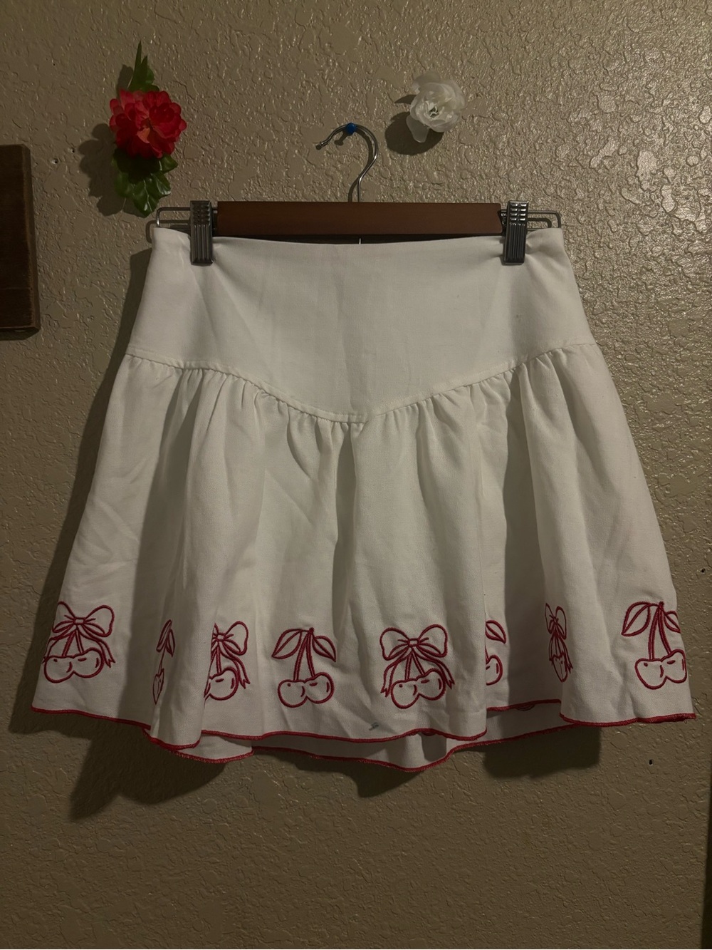 White Circle Skirt with Red Cherry Embroidery